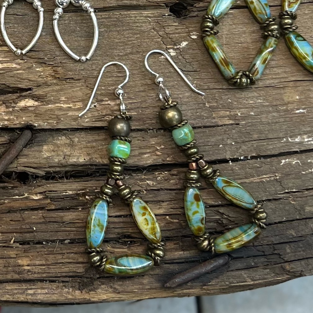 Handmade antique brass and aqua blue-green-brown swirl beaded earrings